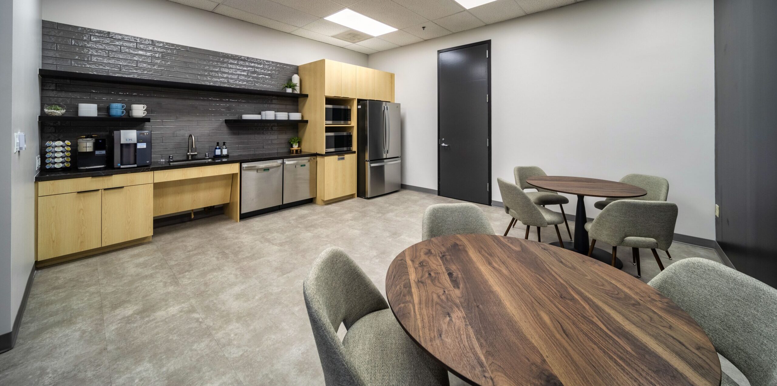 Community kitchen at shared office space in Plano, TX.